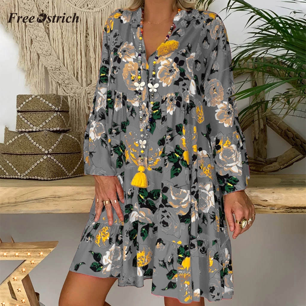 Женское винтажное свободное пляжное платье мини со страусом летнее свободного