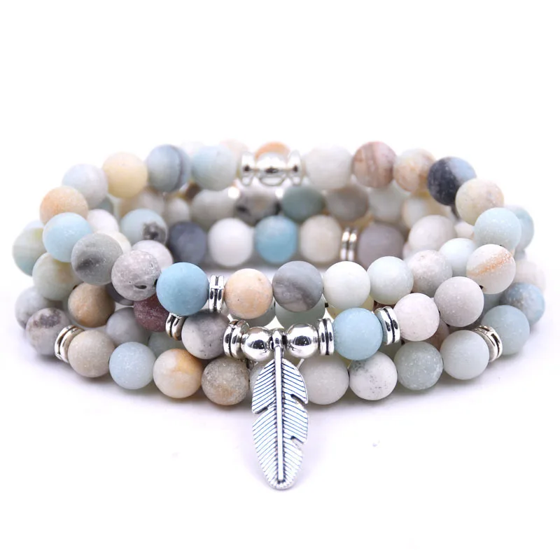 Matte Amazonite Йога браслет с подвеской в виде пера 8 мм 108 мала Natural Energy Stone ручная вышивка стразами браслет или ожерелье медитации 18 стилей - Окраска металла: Matte Amazonite