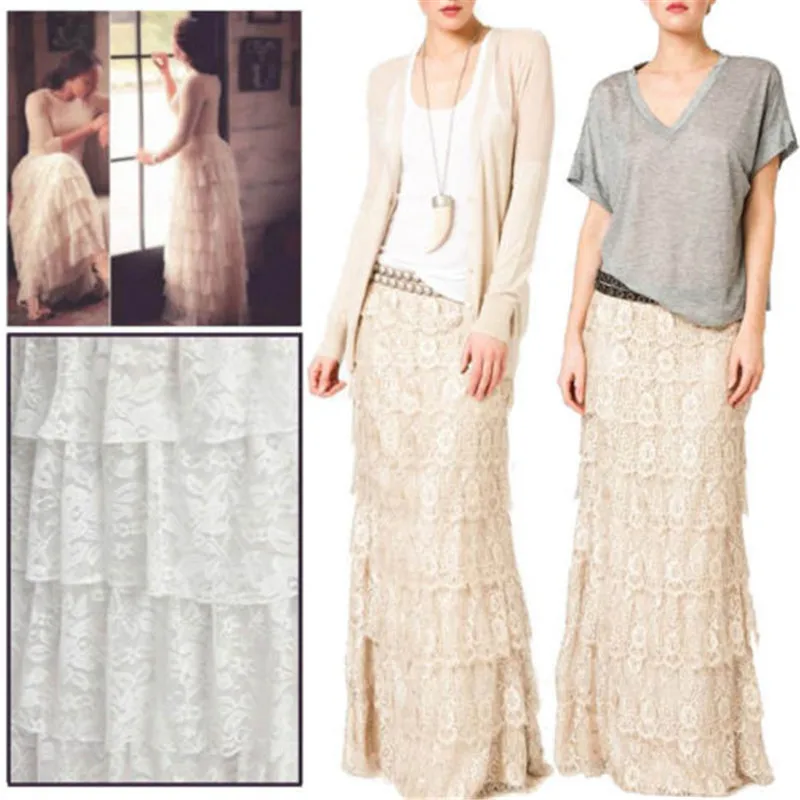 New2018 Women Double Lace Layer Chiffon Pleated Long Maxi skirt Elastic Waist Skirt | Женская одежда