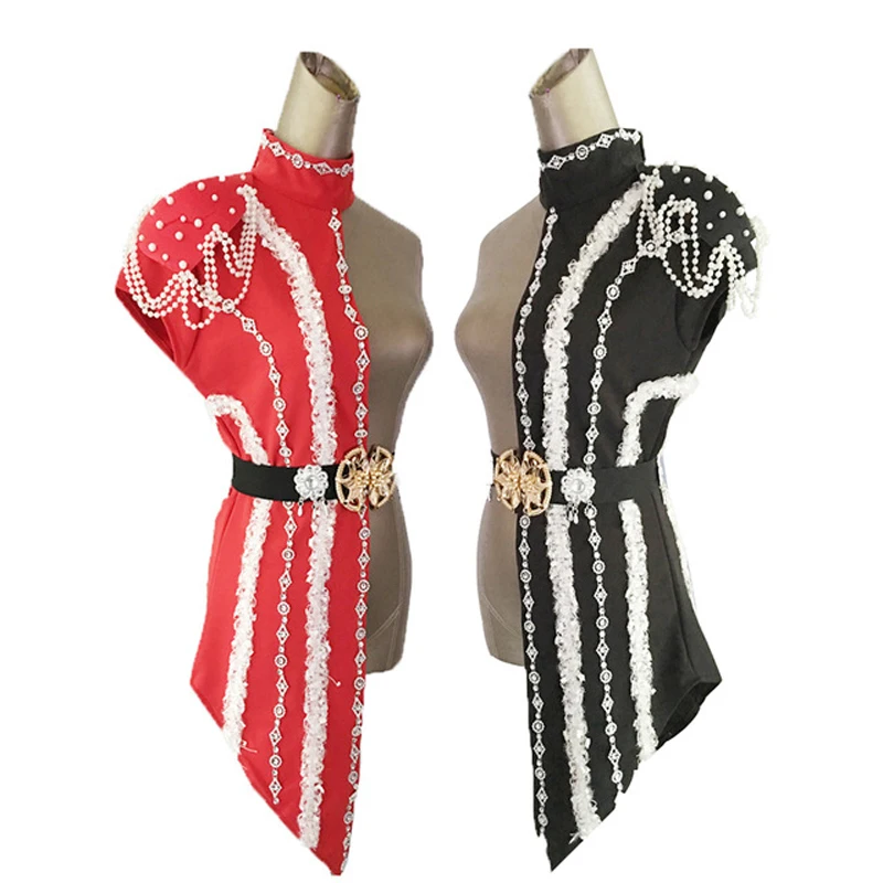 

New Fashion Womens Patchwork Set Stage Singer DS DJ Costume for Adult Dancing Clothes with White Pearl Chain dance wear women