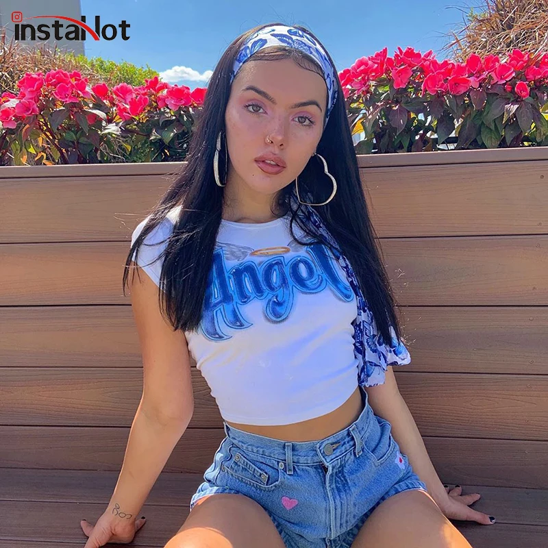 InstaHot белая тонкая облегающая короткая футболка с буквенным принтом Ангел