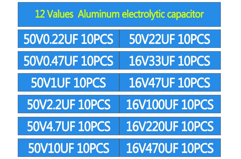 12valuesX10pcs = 120 шт. 0,22 мкФ-470 мкФ Алюминий электролитический конденсатор с алюминиевой крышкой, компонент diy кабельные наконечники в наборе для и