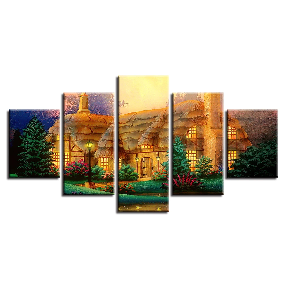 Canvas Painting Poster Wall Art Framework 5 Panel House Of Flowers And Trees Modular Pictures For Living Kids Room Decorative | Дом и сад