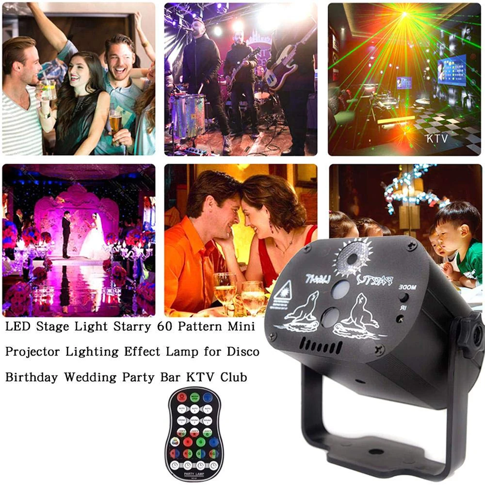 

Mini USB Charge 60 Patterns LED DJ Disco Party Stage Lighting Effect Voice Control Laser Projector Light for Wedding Birthday