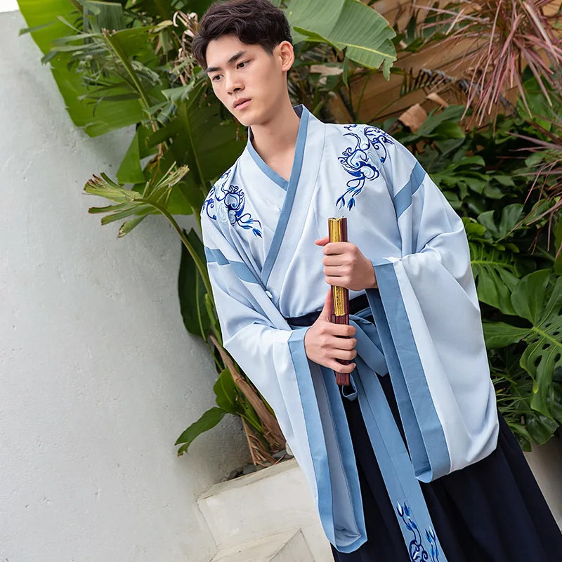 

Wei Jin Period Knight Daily Suits Jacket + Skirt Traditional Embroidery Hanfu Dress Men Song Scholar Ancient big sleeves costume