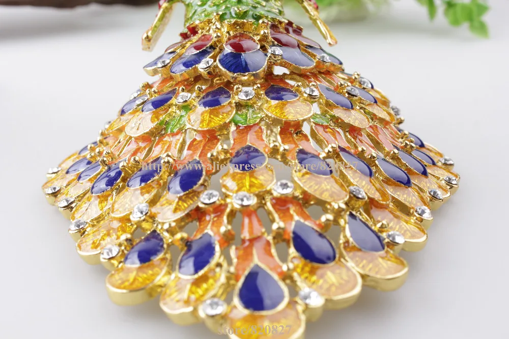 Nature Keepsake Box, Trinket Box, Painted, Blue, Yellow and Green Peacock Trinket Box Peacock Jeweled Enamel Metal Display Box