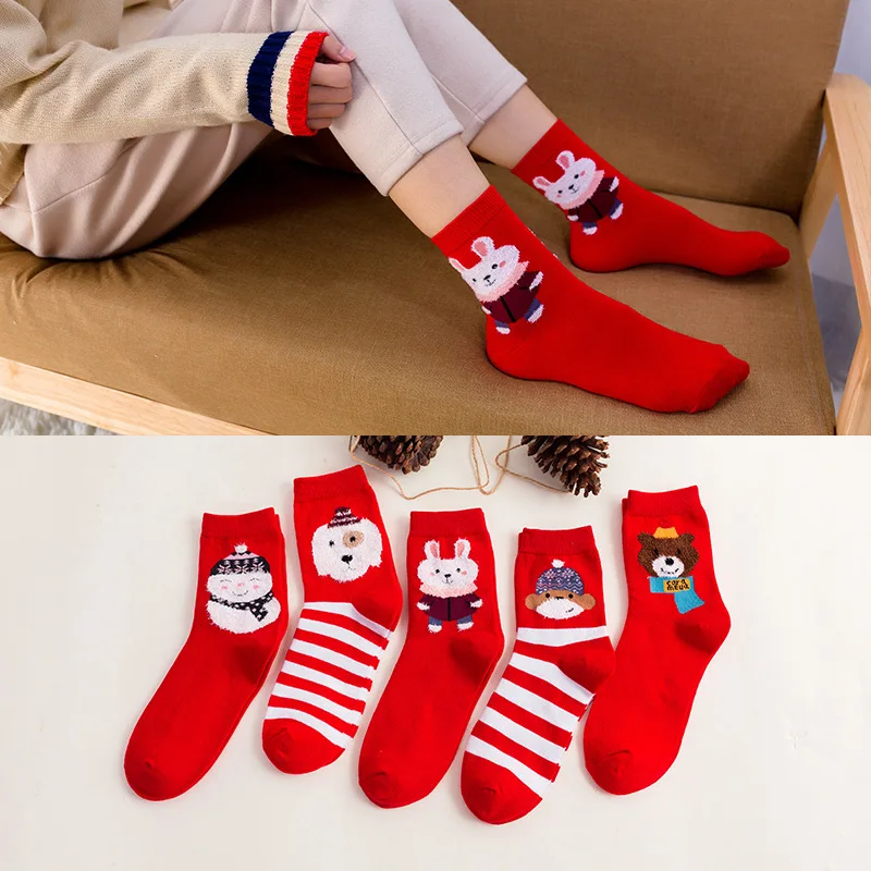 5 pair striped cartoon lady red socks japanese Cute kawaii Socks Hipster Winter Christmas New Year Gift | Женская одежда