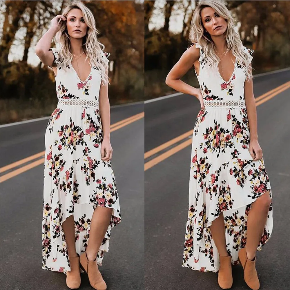 Женское длинное платье без рукавов с v-образным вырезом цветочным рисунком