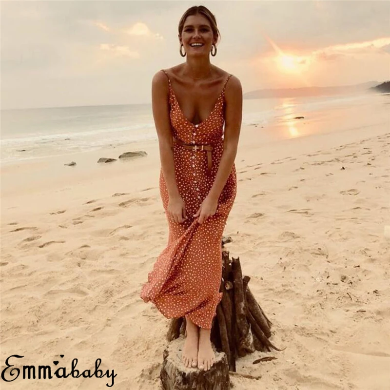 Женское летнее платье в горошек повседневное длинное без рукавов с высокой