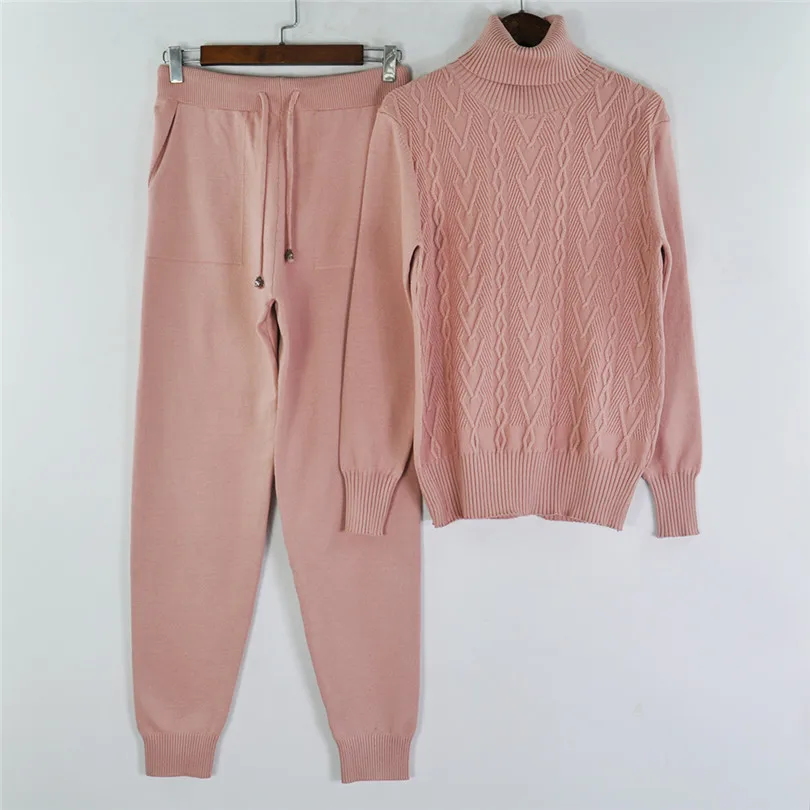 Pink Taotrees вязаный спортивный костюм водолазка Повседневный свитер женский комплект из 2 предметов трикотажные брюки спортивный костюм женский - Цвет: Pink