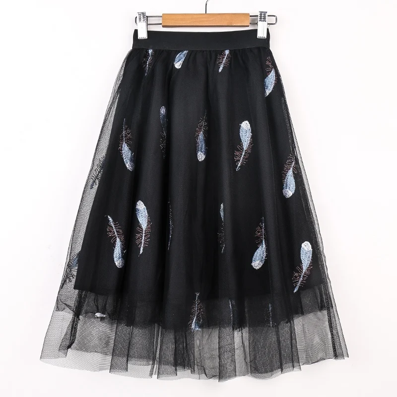 Длинная юбка для девочек трапеция с вышивкой и блестками летняя сетчатая