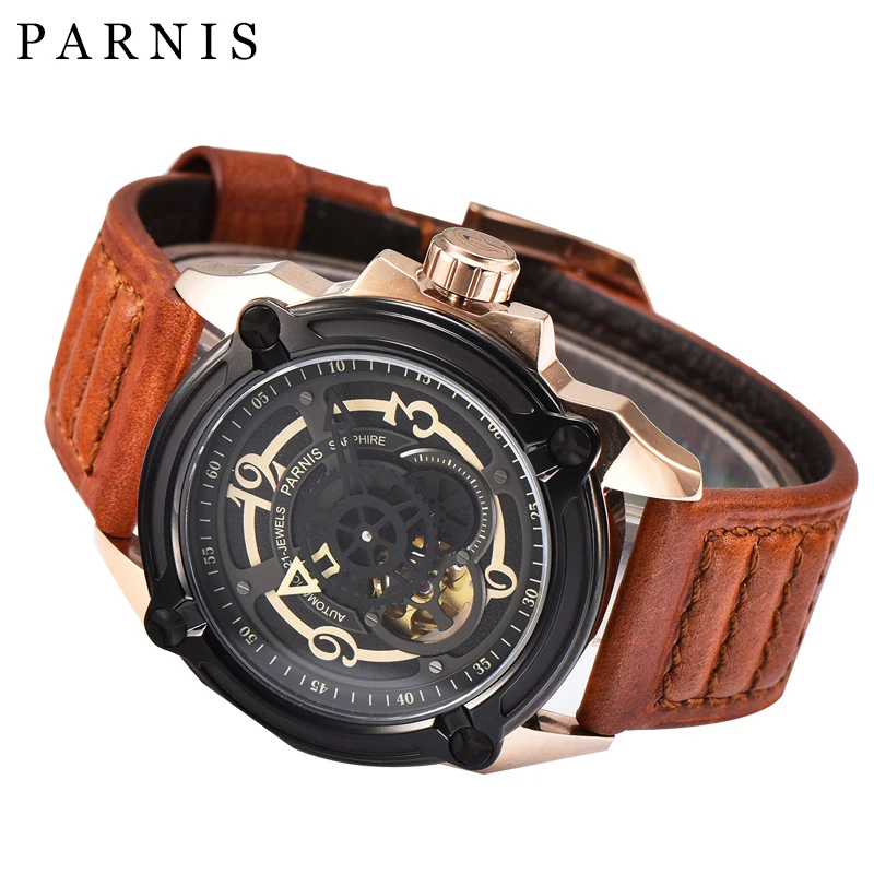 Модные мужские часы Parnis 44 мм 21 Jewels автоматический механический черный циферблат золотой чехол сапфировый