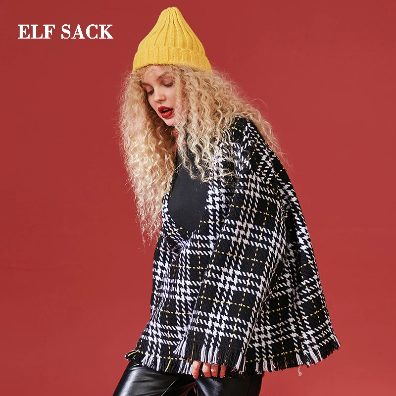 ELFSACK новинка шикарные шерстяные куртки в клетку с широкой талией повседневные