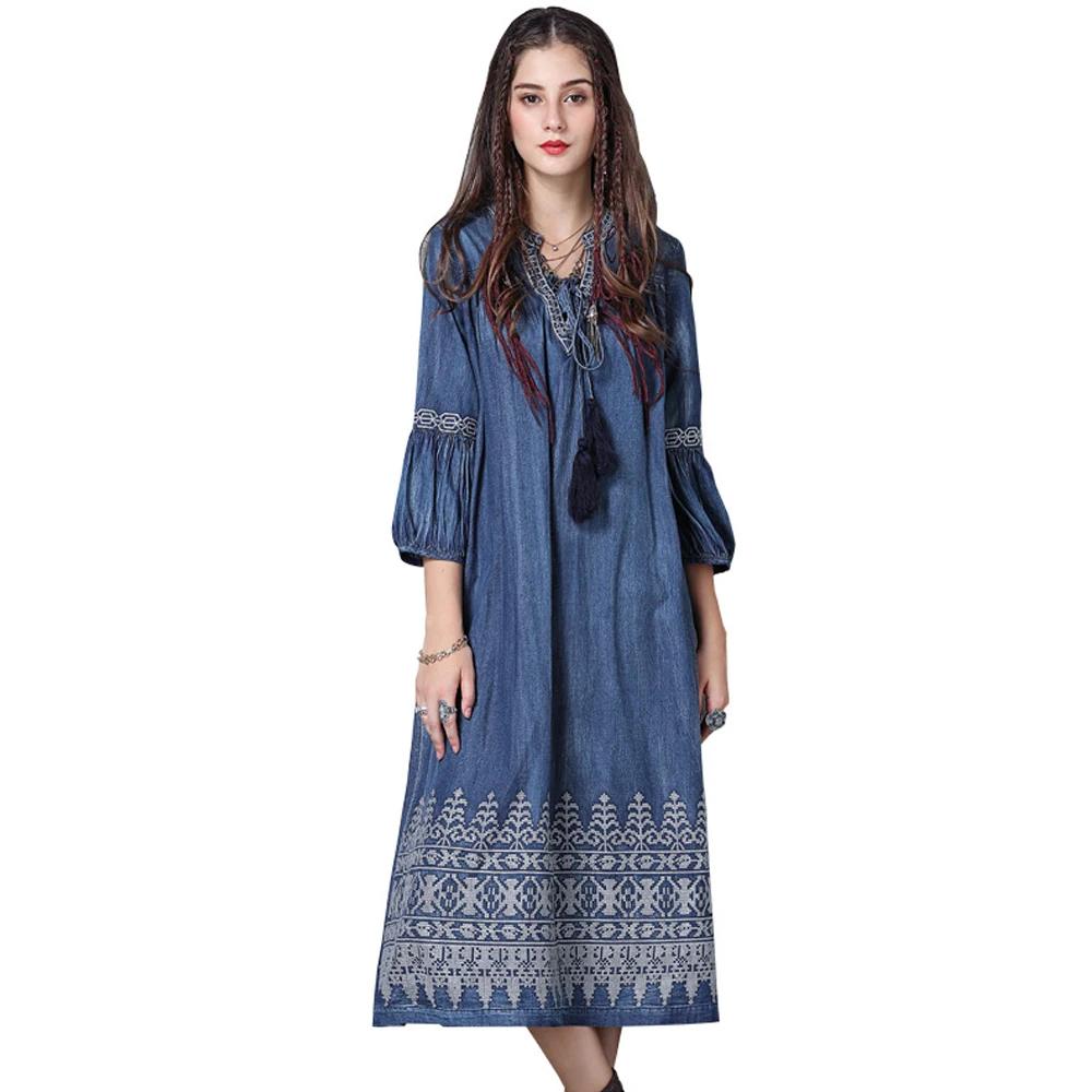 

Women Vintage Style V-neck Nine-inch Sleeves Embroidery Lap Loose Lacing Up Designed Denim Big Lap Jeans Dress Blue FS0785