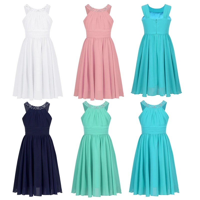 Summer Flower Shaped Rhinestone Girls Costumes Halter Neck Chiffon Dress for Kids Teen Weeding Party Vestidos Princess | Детская одежда