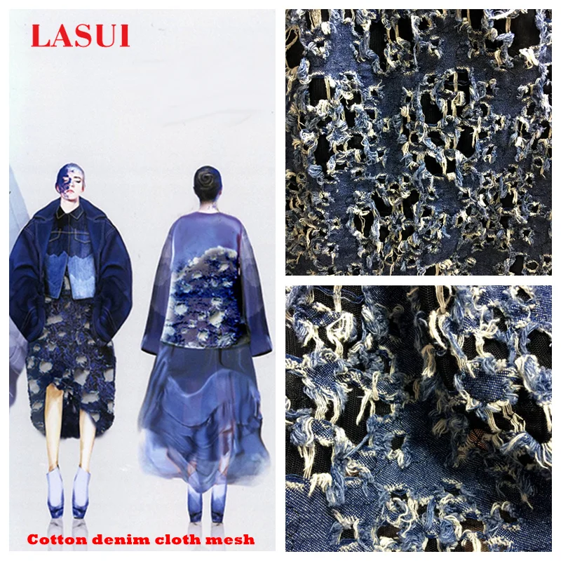 LASUI 2017 New product 3 yards =1 lot  Cotton denim embroidery mesh lace fabric  blue Hollow 3D texture  unique DIY   X0278