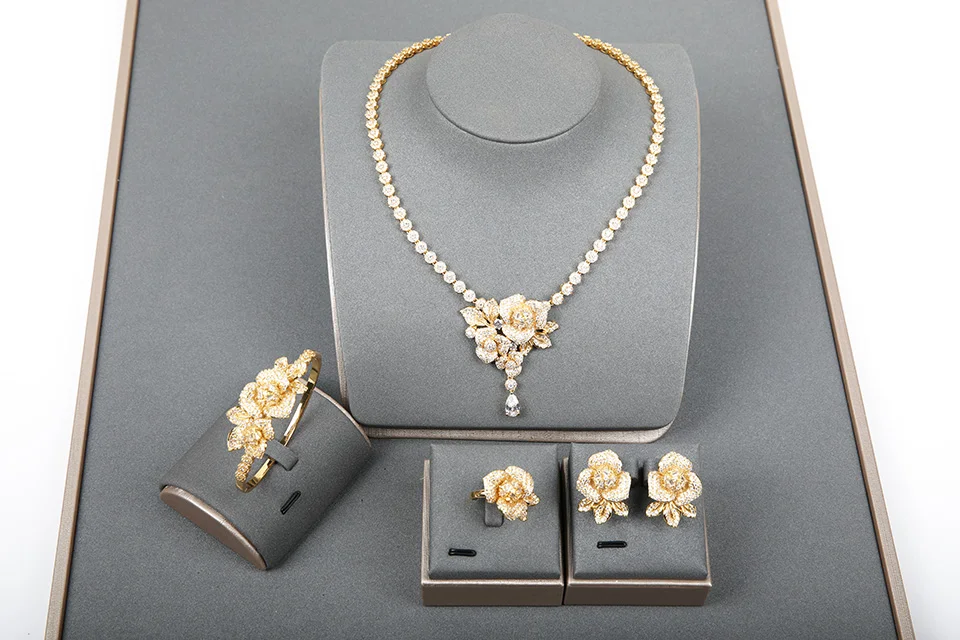 Dazz модный серебряный цвет цветок полный Циркон ожерелье серьги, кольцо, браслет Свадебный комплект ювелирных изделий женские африканские аксессуары для невесты