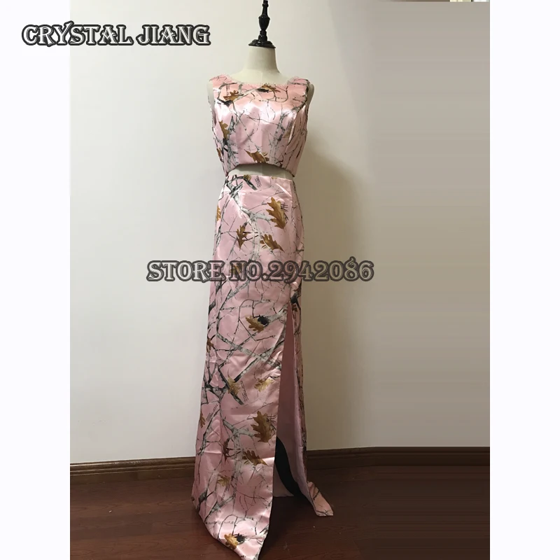 

Pink Camo Bridesmaid Dressess Two Pieces Long Dress Crystal Beaded Straight Gown With Side Split