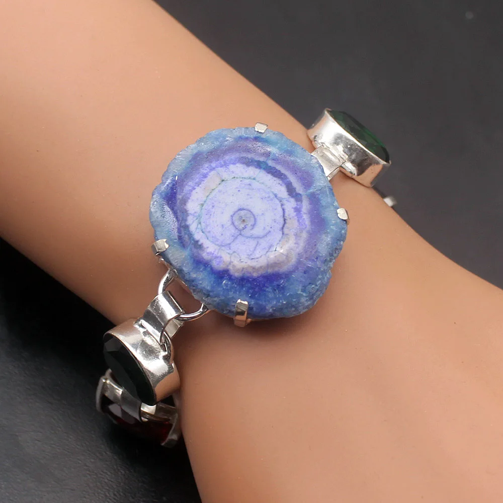 

Multi Gems Natural Solar Quartz GreenTopaz Garnet 925 Sterling Silver Color Links Chain Bracelet 7.75 Inch TF463