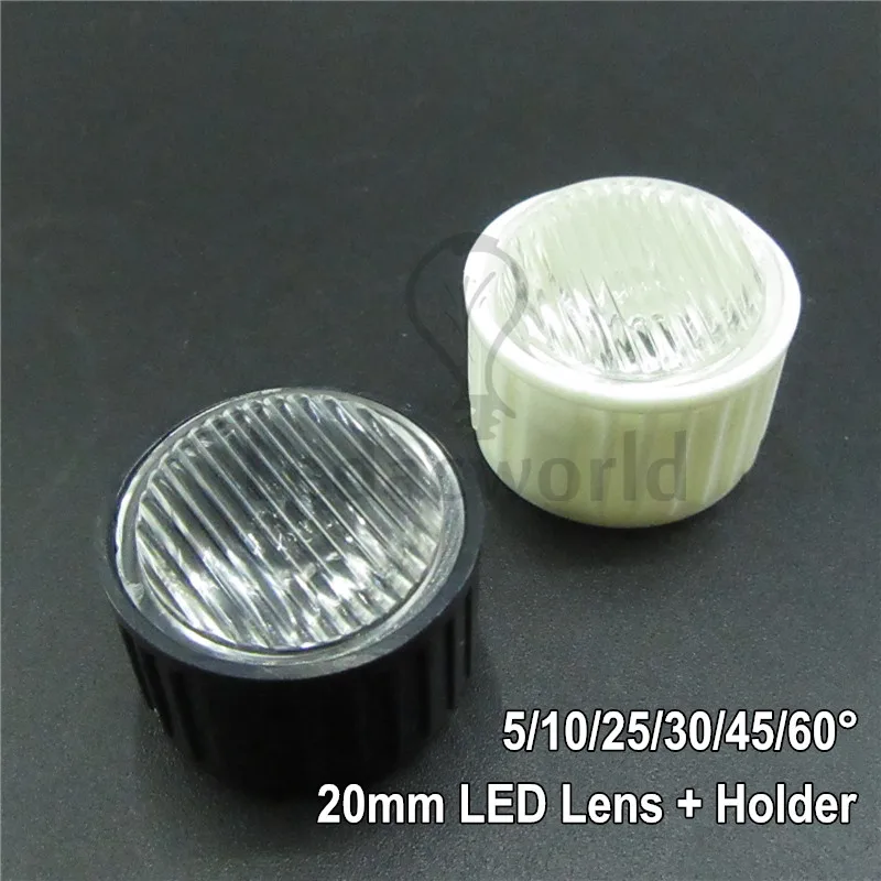 20x20 мм LED оптическая линза с белый или черный держатель линзы угол 5 10 15 30 45 60 90 120 градусов для 1 Вт 3 Вт светодиодные лампы DIY