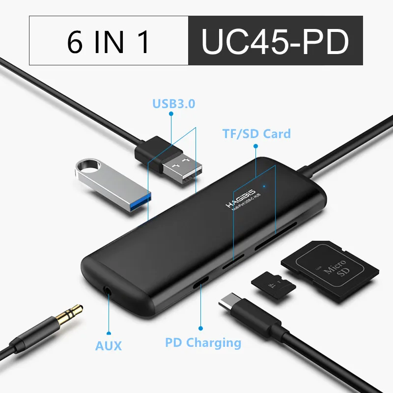 UC45-PD Хагбис тип-c концентратор Многофункциональный USB 3,0 концентратор USB C к HDMI/VGA/AUX/RJ45/SD/TF кард-ридер/PD зарядный адаптер для MacBook PC - Цвет: UC45-PD