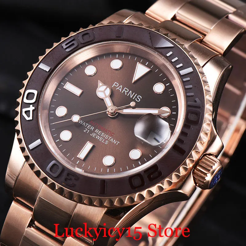 

Luxury PARNIS Rose Gold Plated 41mm Mechanical Wristwatch Sapphire Crystal Auto Date Self Winding Watch Bracelet Clasp