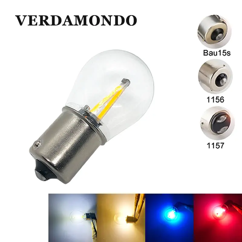 Bombillas LED de 2W para coche, lámpara de luz de marcha atrás de freno, filamento COB, 12V, blanco cálido, rojo y azul, 1156 BA15S 1157 BAY15D BAU15S