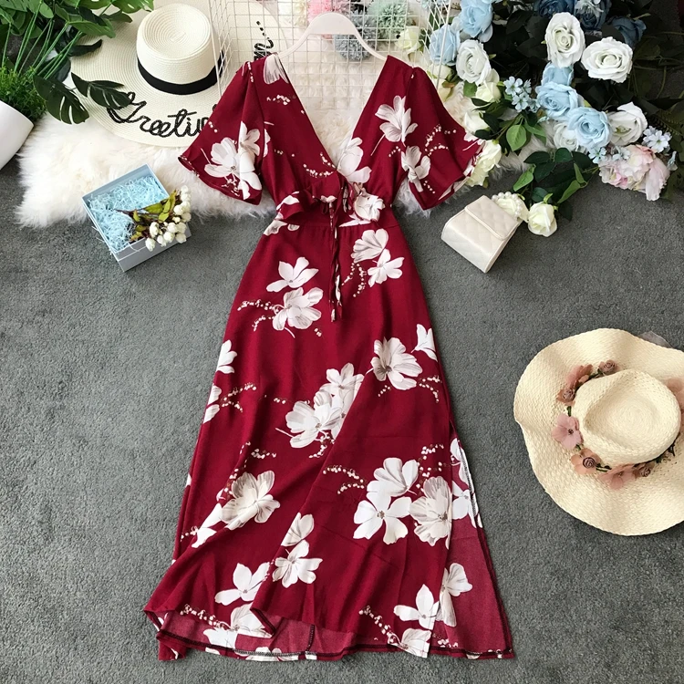 Женское длинное платье с принтом красное пляжное в стиле ретро для отпуска лето