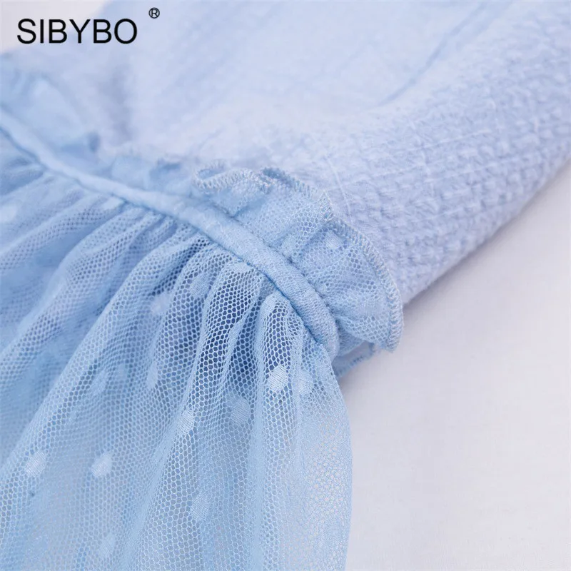 SIBYBO сетчатый прозрачный топ с баской для женщин, элегантный v-образный вырез, оборки, шнуровка, укороченный топ, Холтер, Топик с низким вырезом на спине, короткий топ, летние топы