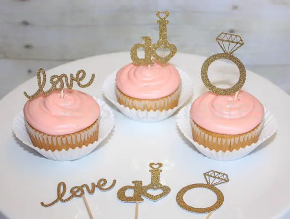 

Gold glitter LOVE I-DO engagement ring Cupcake Toppers bridal Shower wedding Bachelorette party treat food picks decoration