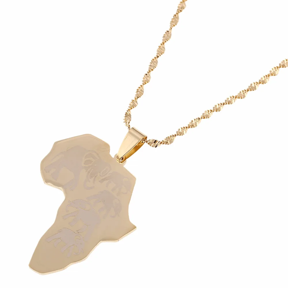 Кулон Карта Африки ожерелье для женщин и мужчин браслет со слоном золотистого