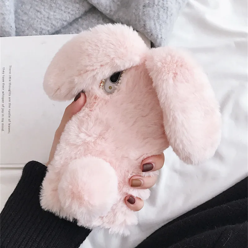Cute Fluffy Rabbit Hair Fur Phone Case for HTC U12 PLUS/LIFE U11 U Play 10 EVO Google Pixel 3 XL 2 XL Diamond Plush Bunny Cover