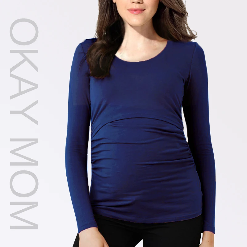 

OkayMom Black Maternity Nursing Shirts Blue Cotton Casual Pleated Breastfeeding Top Tees For Pregnant Women Pregnancy MaMa Lactation Nurse Wear Long Sleeve Shirt Clothing