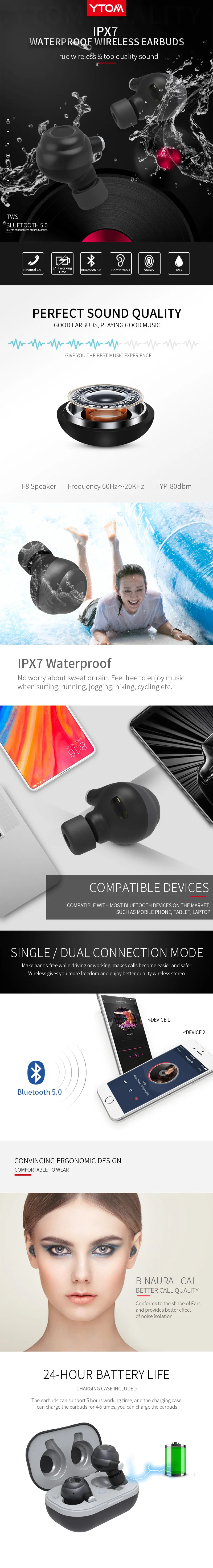 Можно использовать только TWS Super Bass Bluetooth 5,0 наушники IPX7 водонепроницаемые настоящие беспроводные наушники-вкладыши для спортивных смартфонов IOS