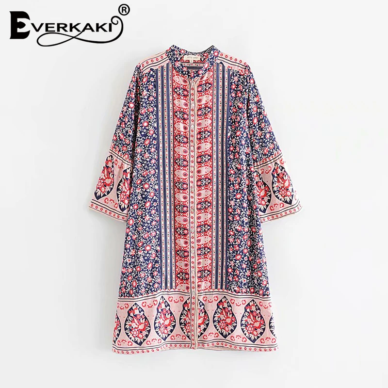 Everkaki Boho длинное платье с цветочным принтом для женщин Цыганское Платье с круглым вырезом и пуговицами богемное женское платье свободное пляжное женское лето осень