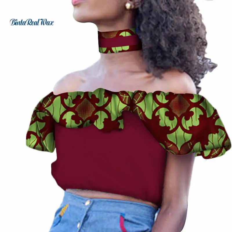 

Fashion Women African Clothing Top and Choker Bazin Riche Dashiki African Print Patchwork Ruffles Top Shirts with Choker WY3486