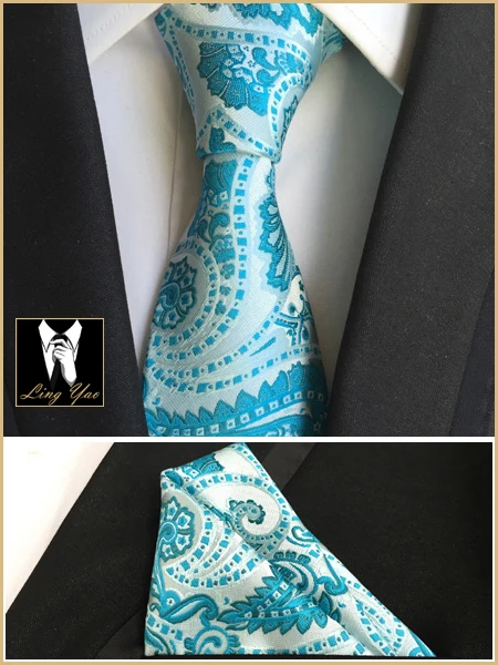 

Top Designer 8cm Men Formal Necktie SET with Handkerchief Luxury Blue Paisley Ties Pocket Square