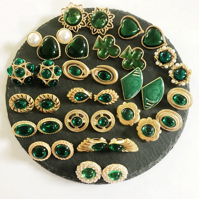 Green Colors Earring Styles, Geometric Alloy Enamel Resin Clip Earring, Fan Flower Heart Round Jewelry
