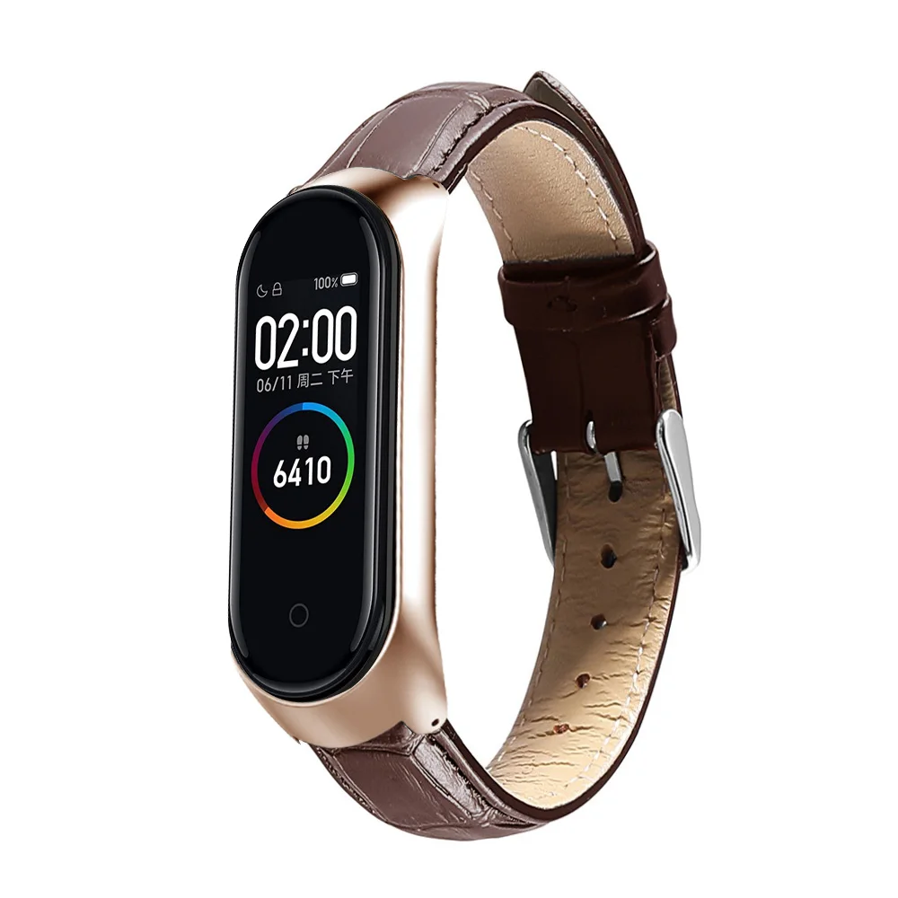 Браслет для xiaomi mi Band 4 спортивный ремешок часы кожаный ремешок для xiaomi mi band 4 браслет mi band 4 ремешок - Цвет ремешка: Rose gold-Brown