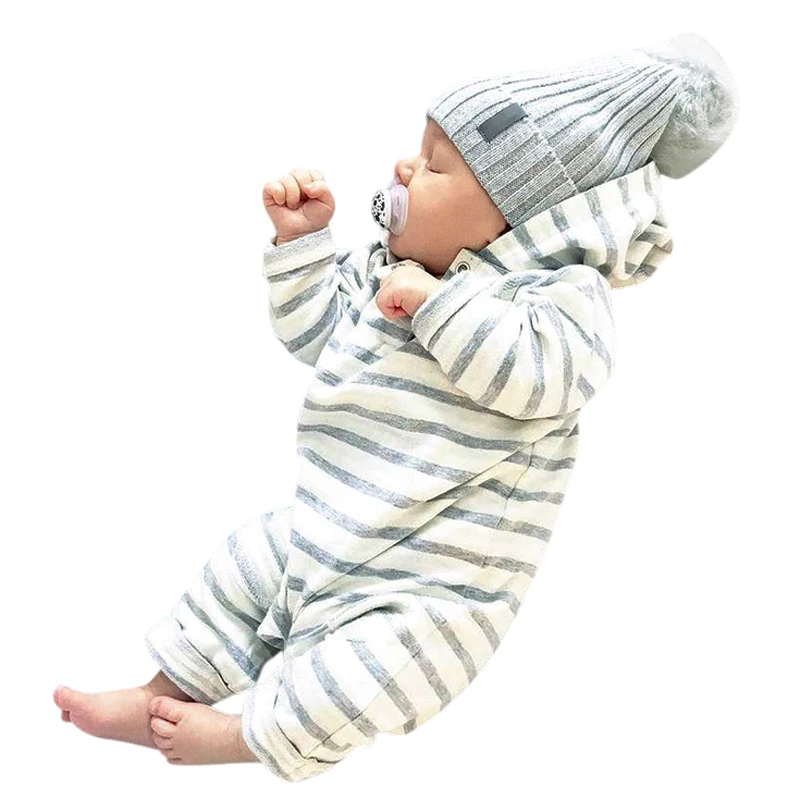 Gray Color Newborn Baby Boy Girls Clothes Long Sleeve Striped Hooded Romper Jumpsuit Outfits Playsuit | Детская одежда и обувь