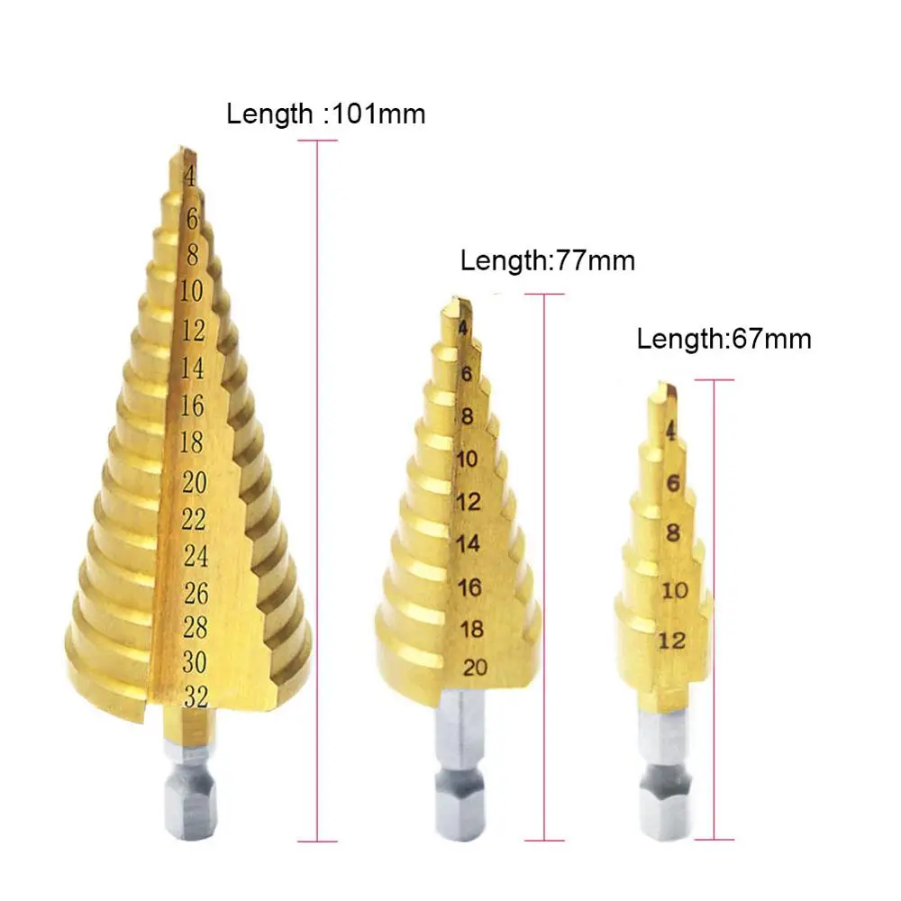 

3Pcs Metric Spiral Flute The Pagoda Shape Hole Cutter 4-12/20/32mm HSS Steel Cone Drill Bit Set Step Sharpening Power Tools