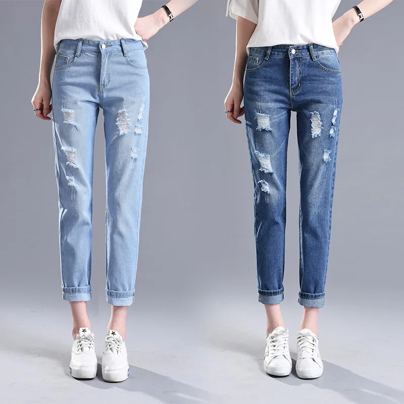 

Broken hole large size jeans female spring and summer new Korean version of light color loose thin nine pants straight pants AL7