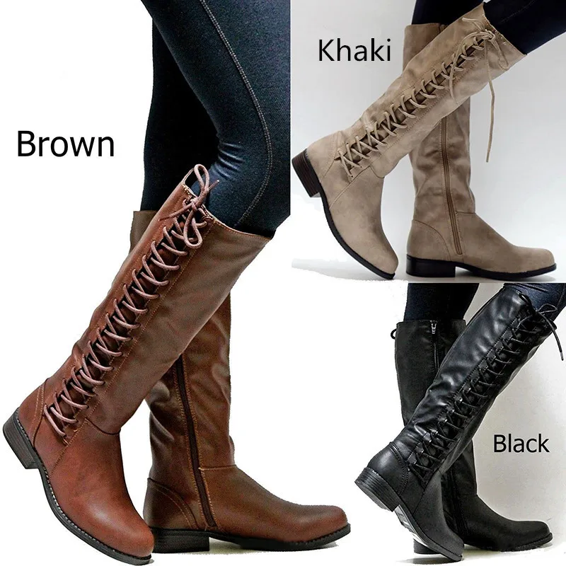 

2018 Retro Autumn Women Punk Lace Up Knee High Boots Low Heel Long Boots Side Zip Up Winter PU Shoes High Quality Size 43