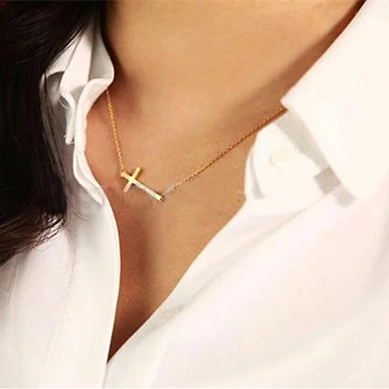 Простой серебряный/золотой цвет боковый чокер с крестиком колье femme collier cross