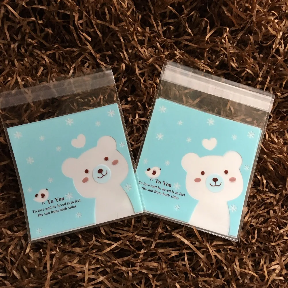 100 шт./лот упаковочный пакет для печенья с голубым медведем пластиковые пакеты