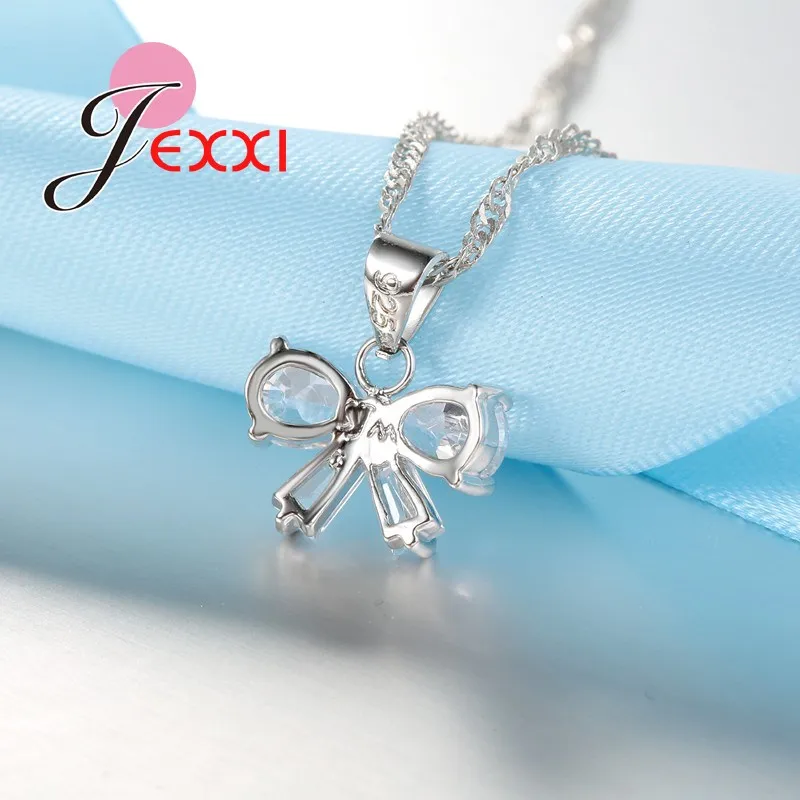 Elegant Wedding Birthday Gifts For Women Beautiful Silver Chain Necklace Clear Bowknot Crystal Charm Earrings Jewelry Set | Украшения и