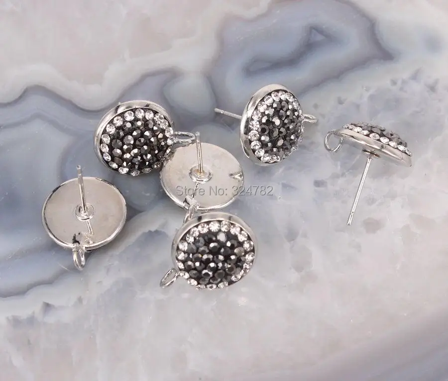 10Pairs Round Shape Stud Earrings 10 / 14mm Rhinestone Beads Metal Silver Post Earring with Loop | Украшения и аксессуары