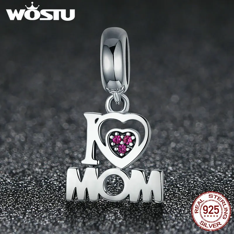 

WOSTU Authentic 925 Sterling Silver i Love Mom Letter Pendant Charms fit original WST Bracelets Jewelry Mother Gift CQC420