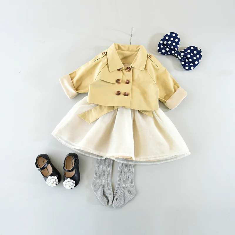 2018 New Spring Children Girls Clothing Sets EarlyAutumn Clothes England Style Coat Trench+Princess Dress Baby Kids 2 Pcs Suits | Детская