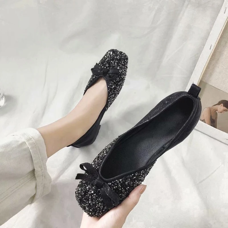 Bling горный хрусталь Лоферы без застежки кожи лук-узел Эспадрильи с квадратным